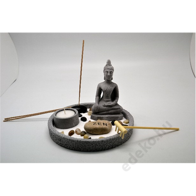 ZEN KERT BUDDHÁVAL FÜSTÖLŐ GYERTYATARTÓ KEREK, SZÜRKE- (E600806)